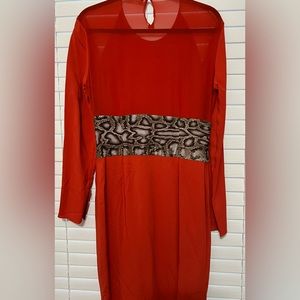 Gorgeous Roberto Covalli red dress with sleeve detail, animal print waistband.